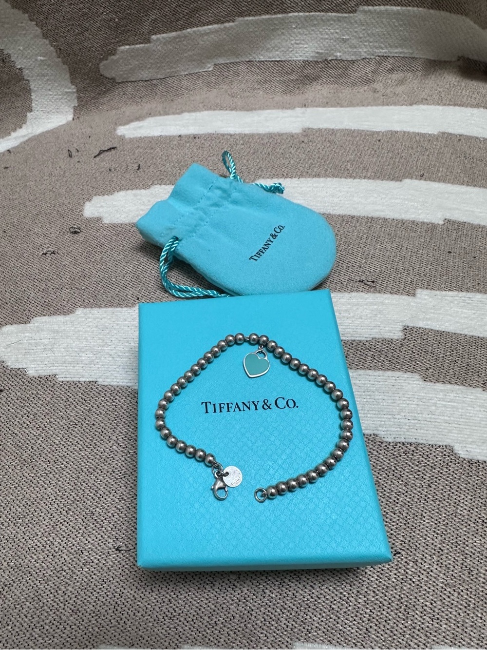 Tiffany & Co. Silver Bead Bracelet with Heart Charm - Blue Accents